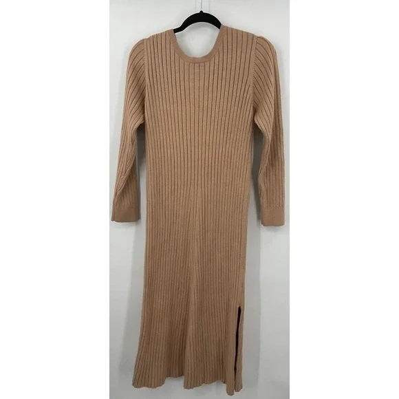 WAYF Ribbed Knit Midi Dress Long Sleeve‎ Tie Back Tan Size XL - Picture 3 of 8
